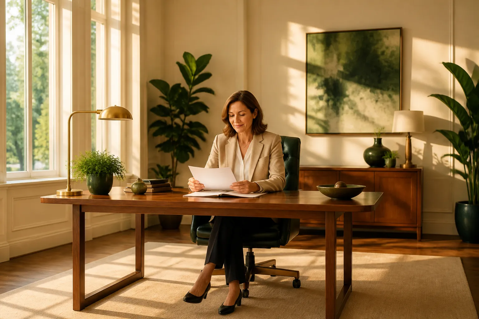 Financial professional reviewing debt settlement paperwork in a warm, professional office