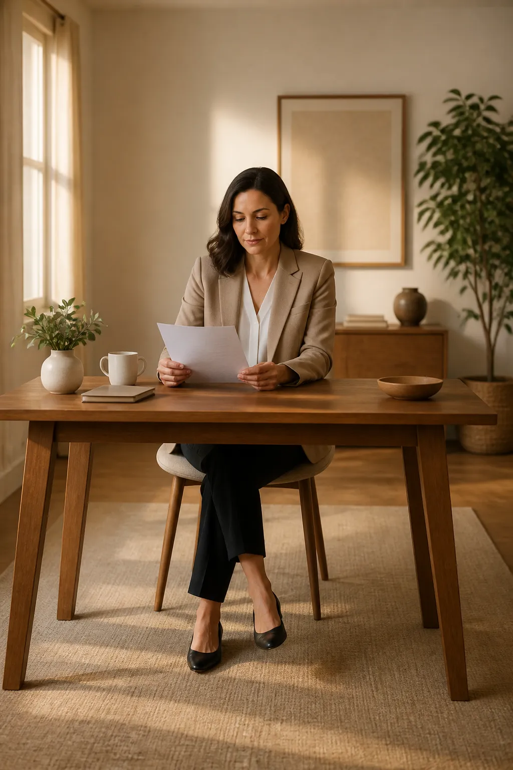 Professional reviewing debt settlement documents with a calm, considered expression